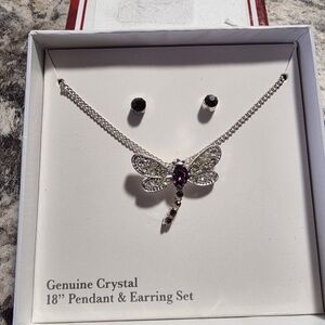 Genuine Crystal Dragonfly Pendant & Earring Set Silver and Purple Everday Glam